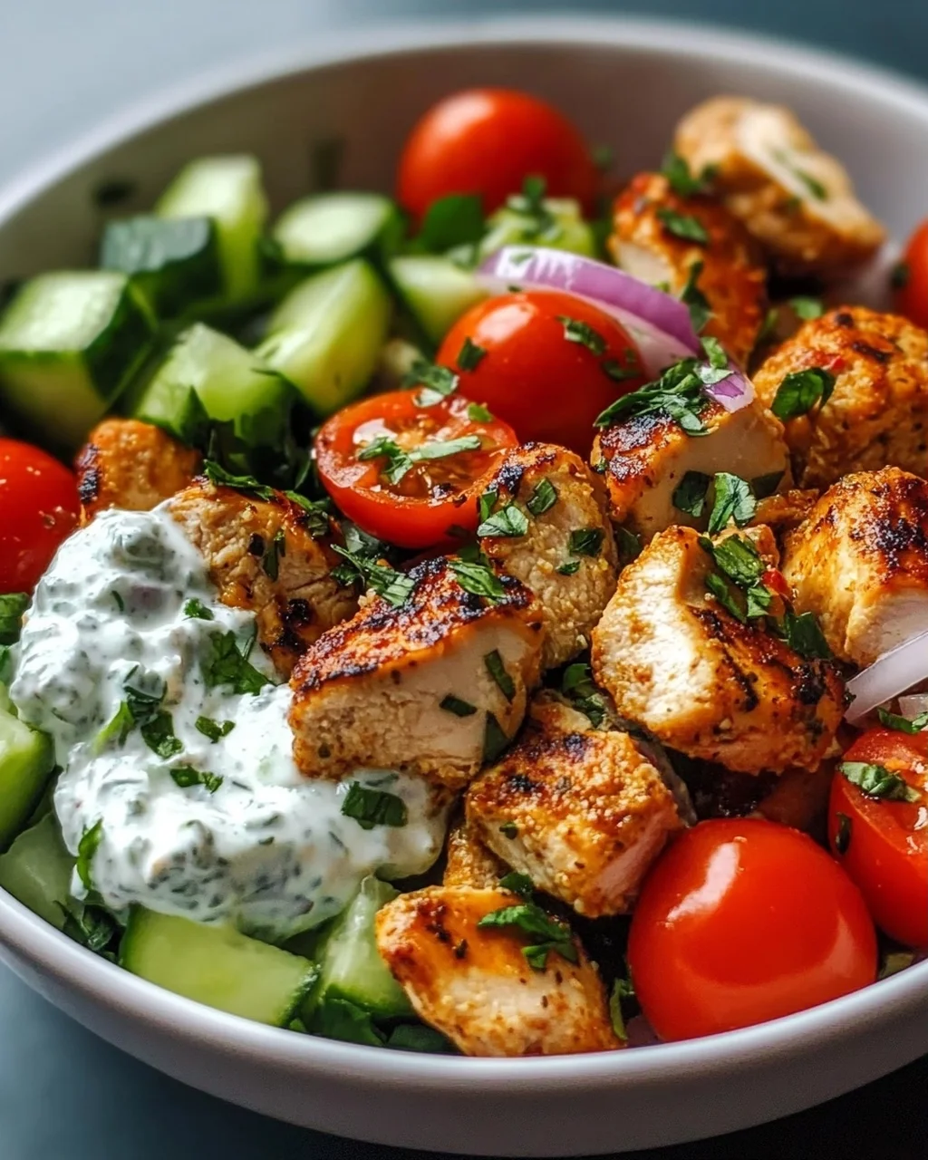 Air Fryer Griechische Chicken Bowl Bites mit Tzatziki-Sauce