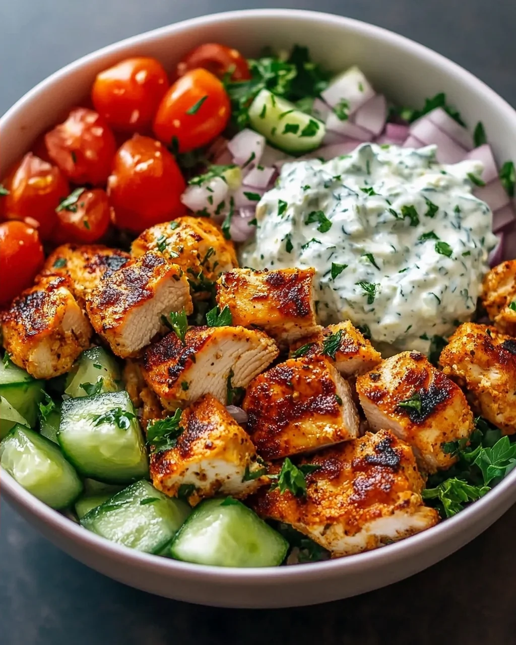 Air Fryer Griechische Chicken Bowl Bites mit Tzatziki-Sauce