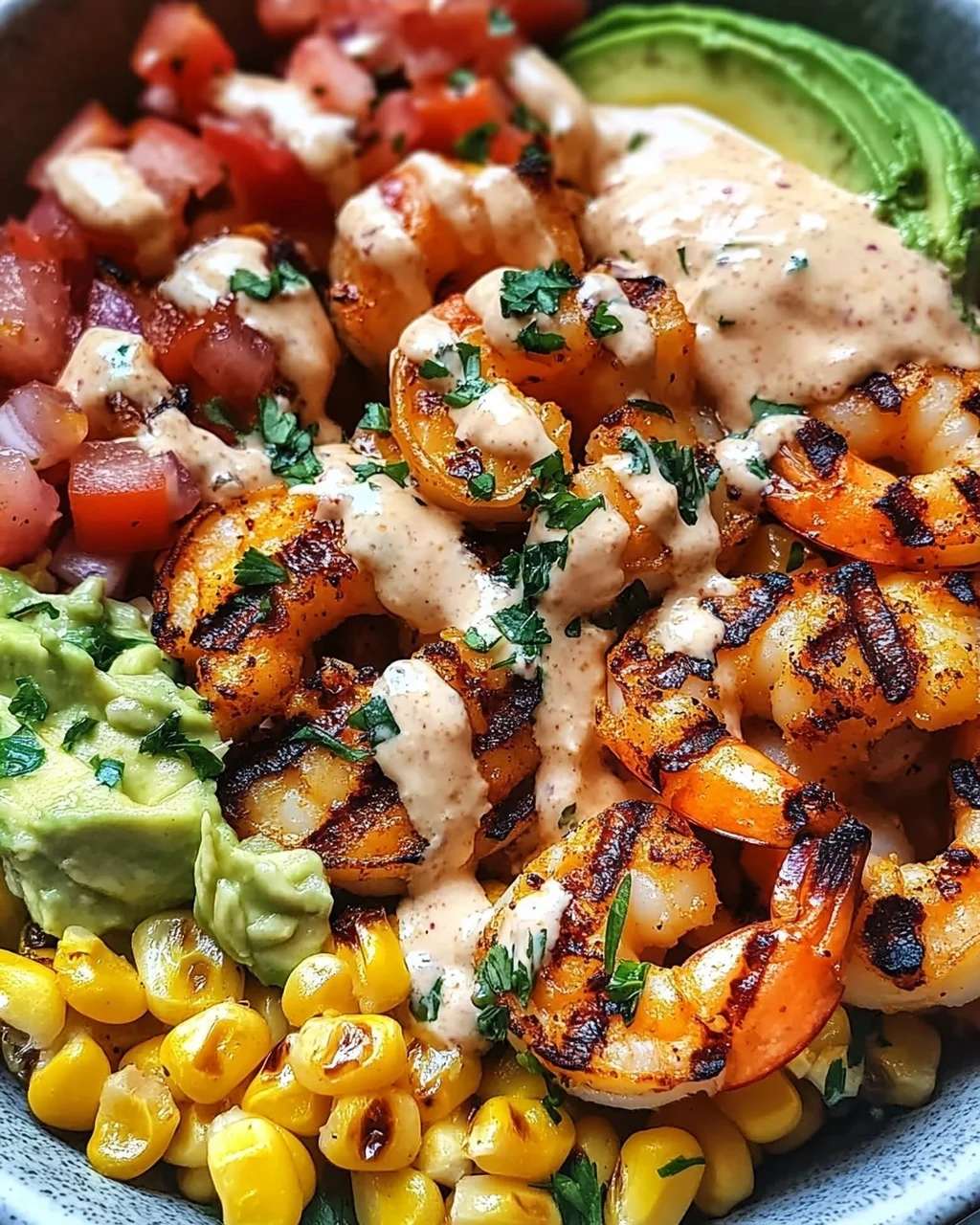 Gegrillte Garnelen Bowl mit Avocado Mais-Salsa & Cremiger Sauce