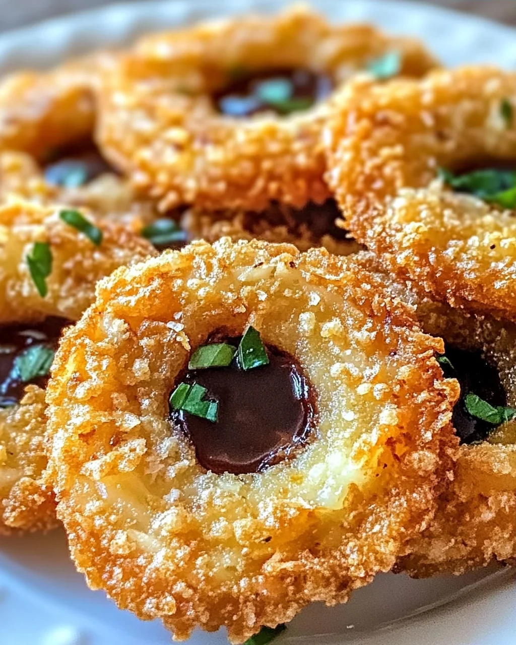Knusprige käseüberzogene Zwiebelring-Chips genießen