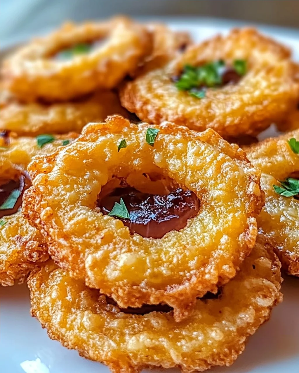 Knusprige käseüberzogene Zwiebelring-Chips genießen