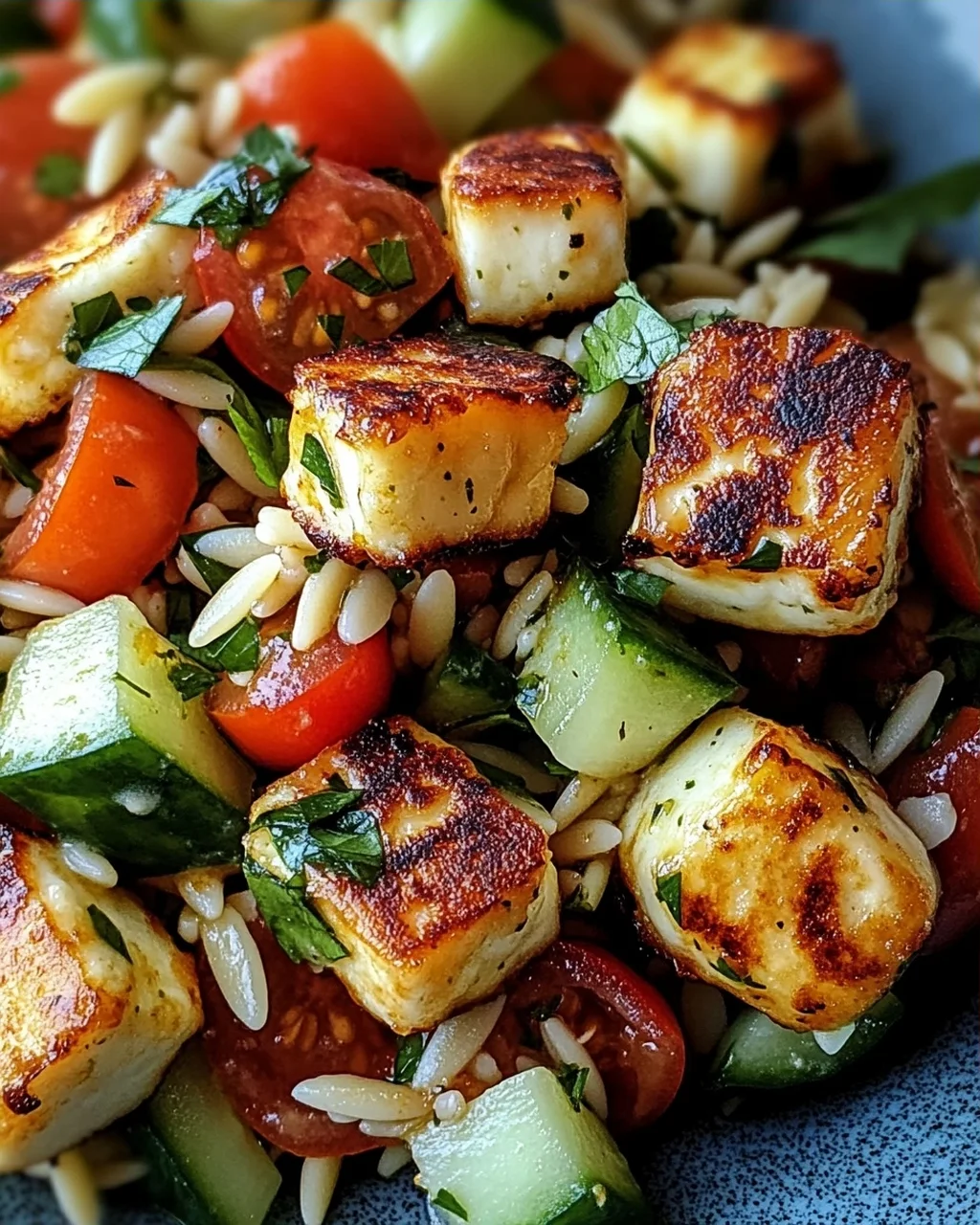 Kritharaki-Salat mit Halloumi-Croutons
