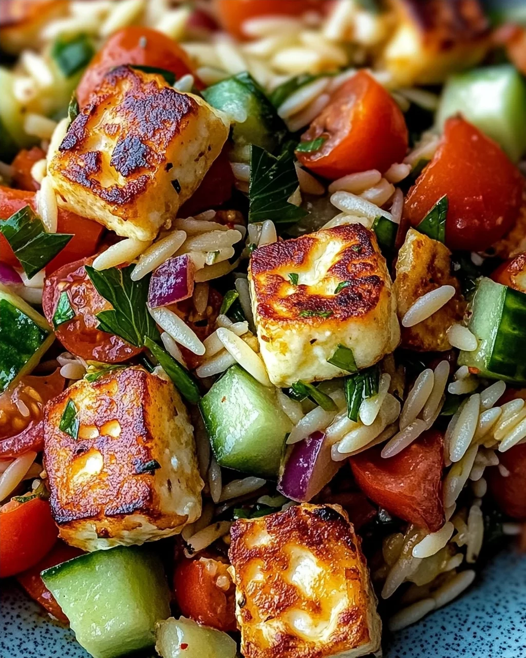 Kritharaki-Salat mit Halloumi-Croutons