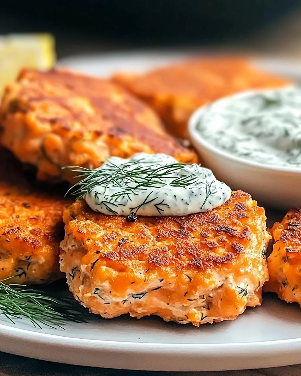 Lachsbratlinge mit scharfer Dill-Knoblauch-Dip