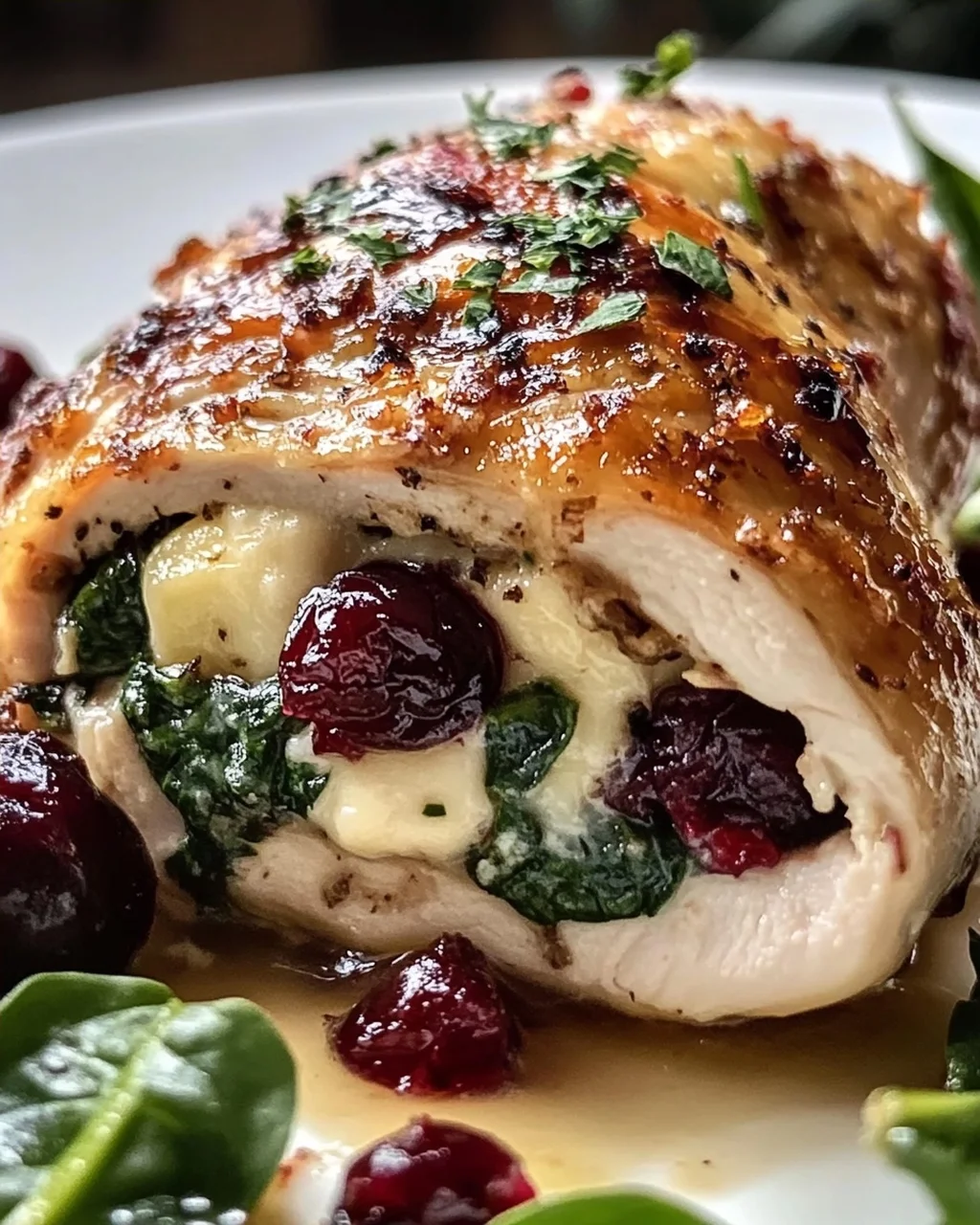 Leckeres gefülltes Hähnchen mit Brie, Spinat & Preiselbeere
