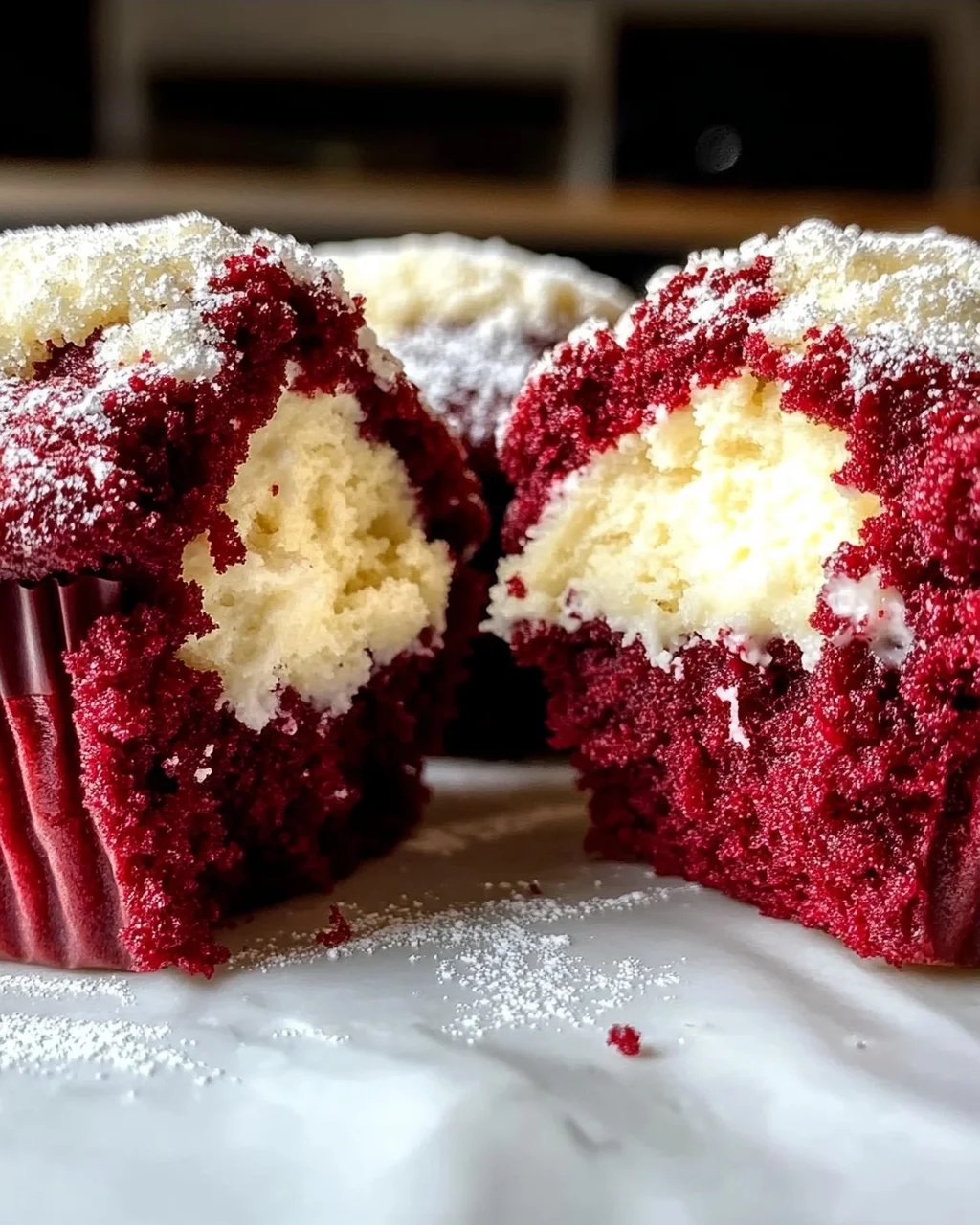 Rote Samtmuffins mit Frischkäsefüllung genießen