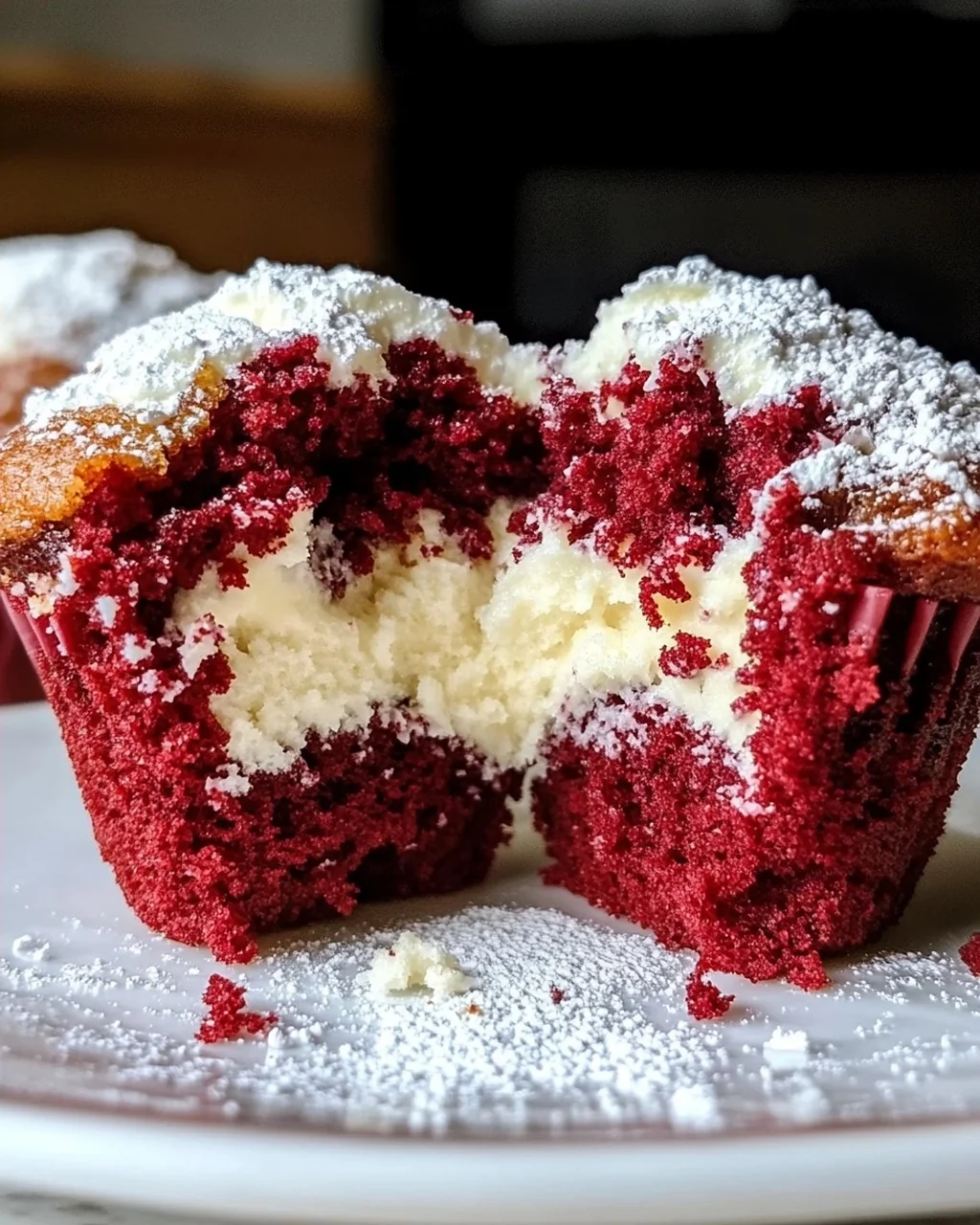 Rote Samtmuffins mit Frischkäsefüllung genießen
