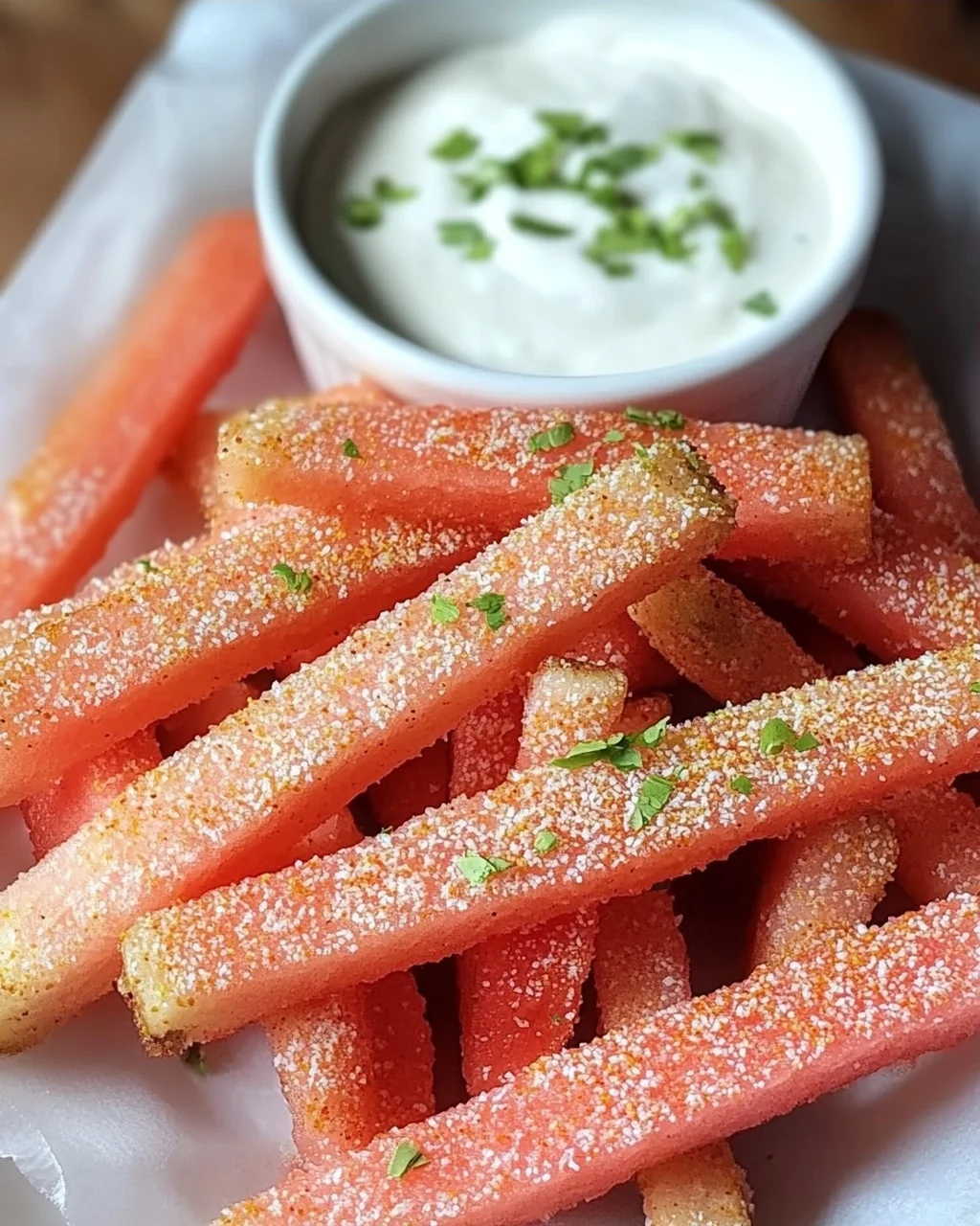 Scharfe Wassermelonen-Pommes mit Kokos-Limetten-Dip