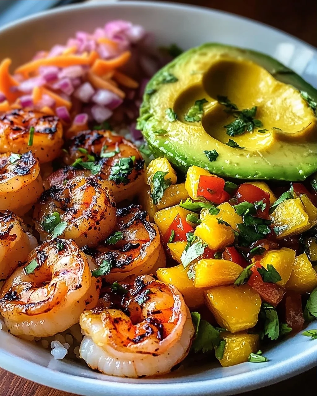Shrimp-Avocado-Bowls mit Mango-Salsa und Limetten-Chili-Sauce