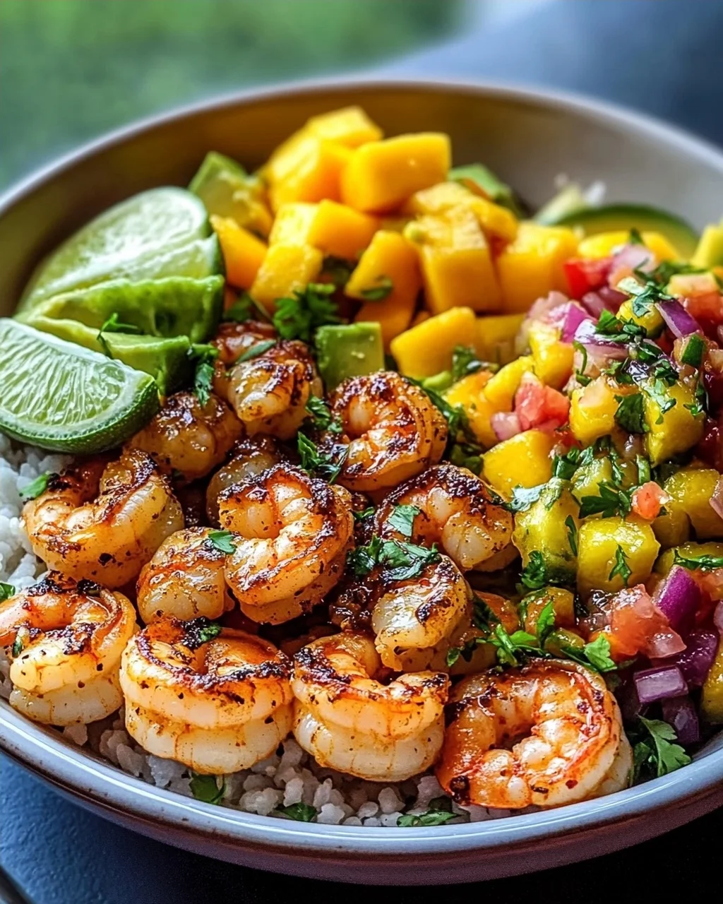 Shrimp-Avocado-Bowls mit Mango-Salsa und Limetten-Chili-Sauce