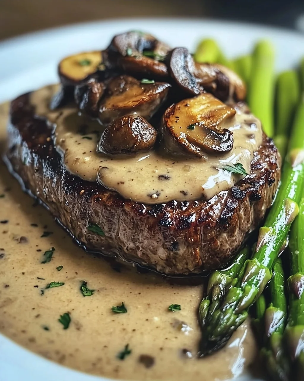 Steak mit cremiger Pilzsauce und Spargel genießen