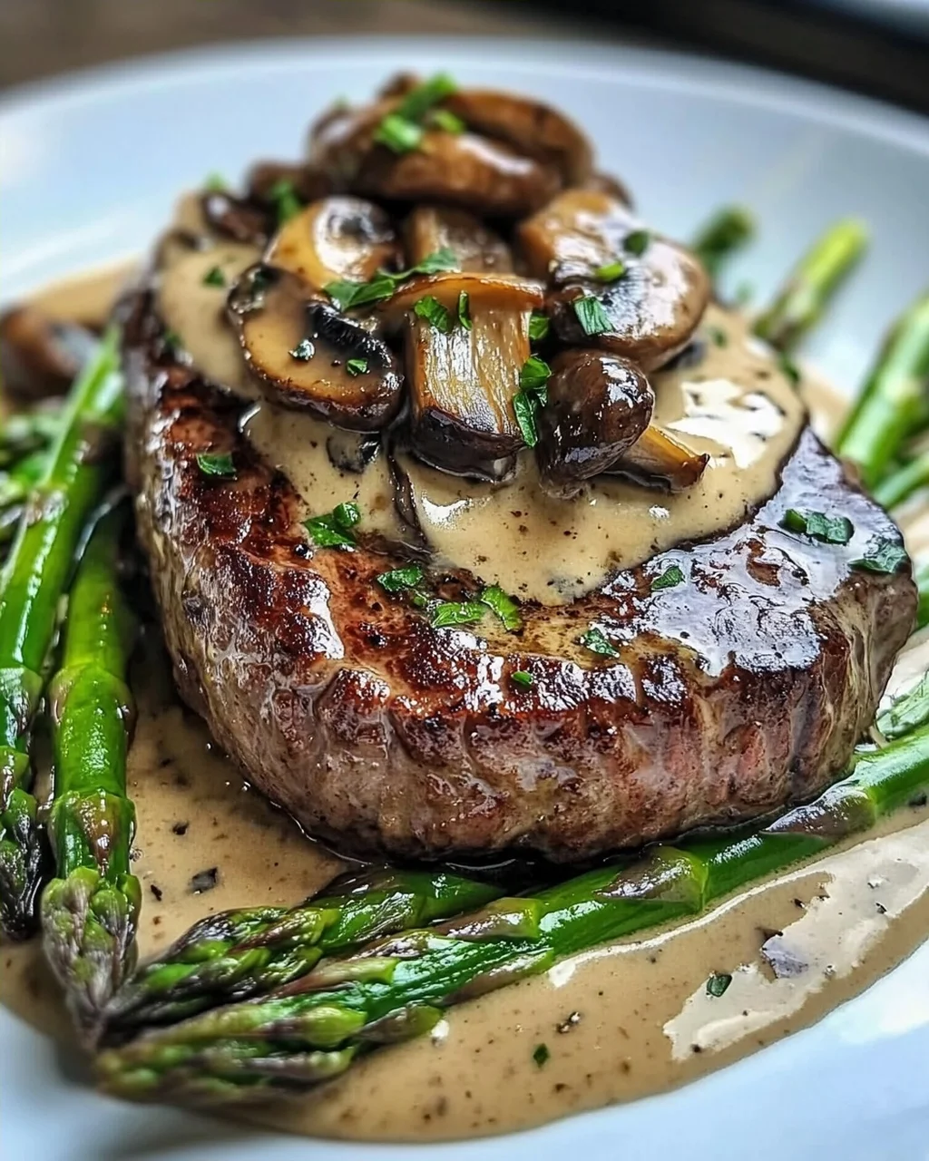 Steak mit cremiger Pilzsauce und Spargel genießen