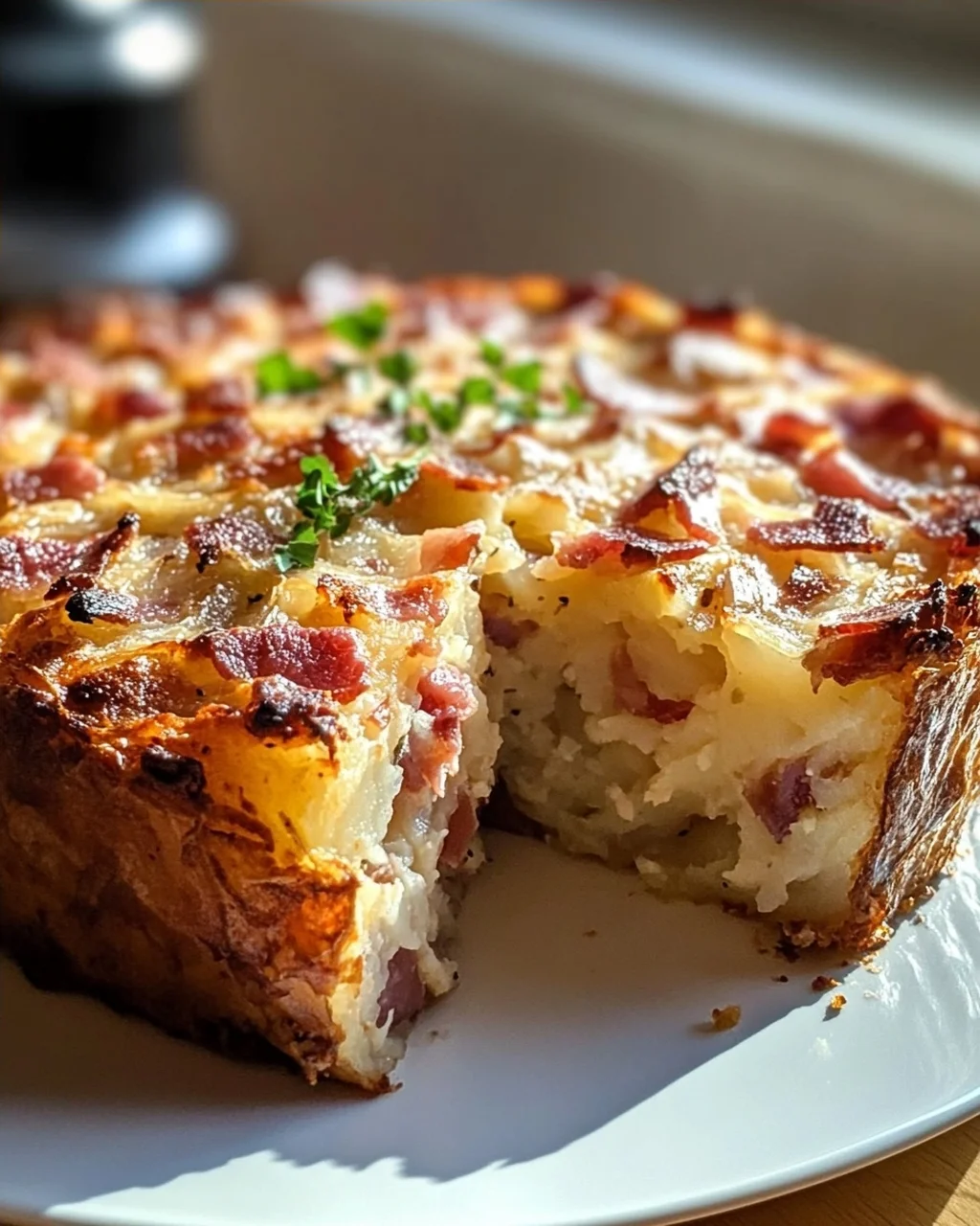 Traditioneller deutscher Potthucke mit Rinderschinkenstücken