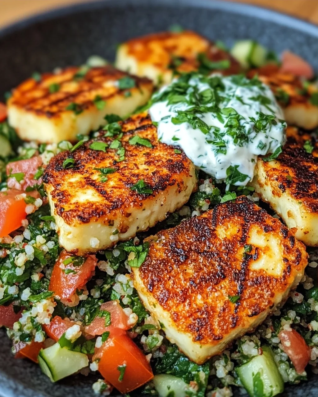 Würziger Halloumi mit Tabbouleh und Minzjoghurt