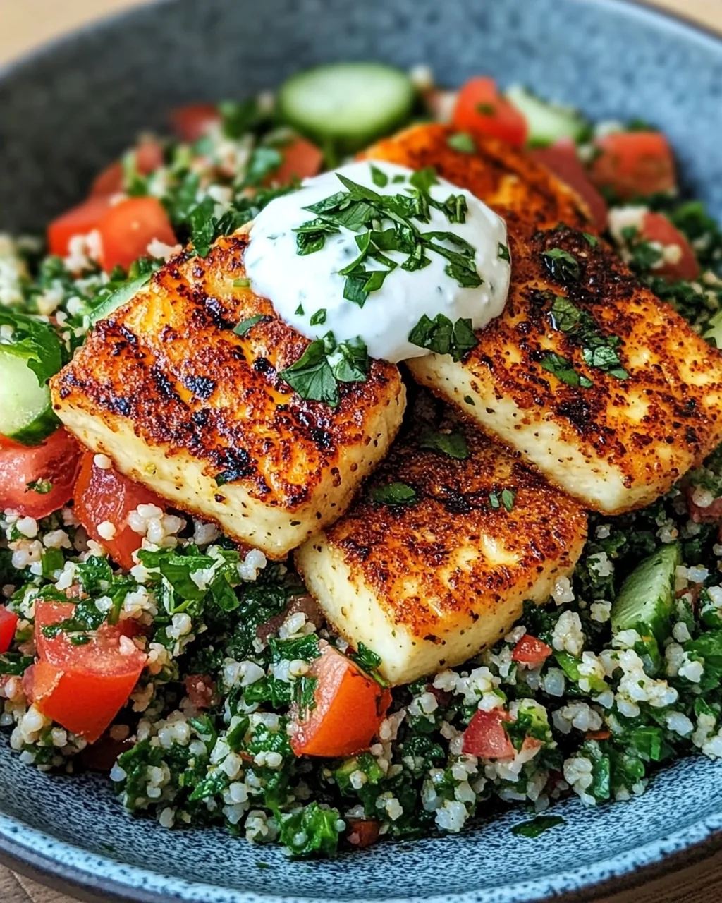 Würziger Halloumi mit Tabbouleh und Minzjoghurt