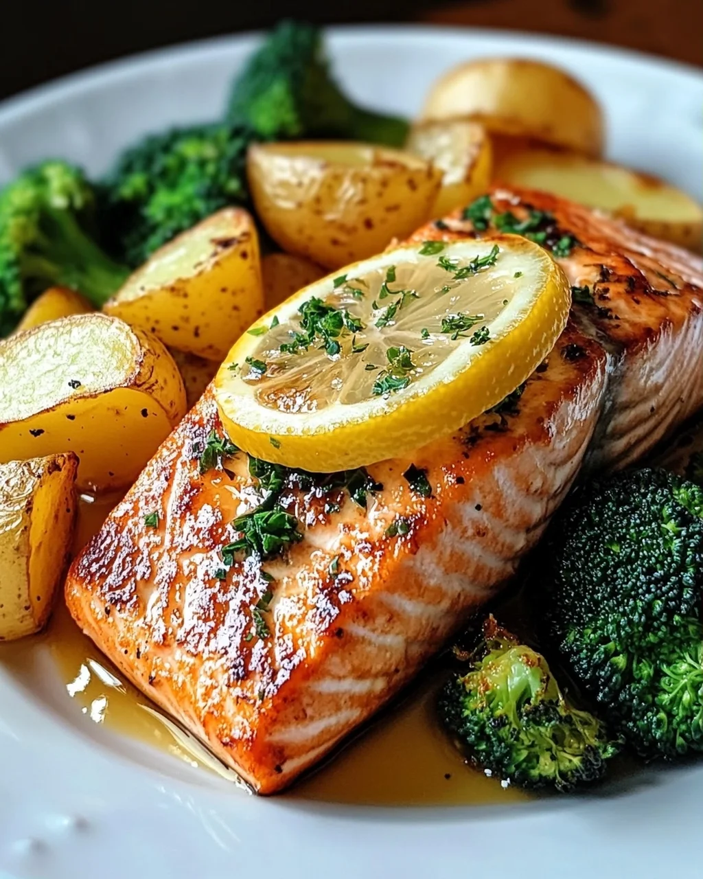 Zitronenbutterlachs mit knusprigen Kartoffeln und Brokkoli