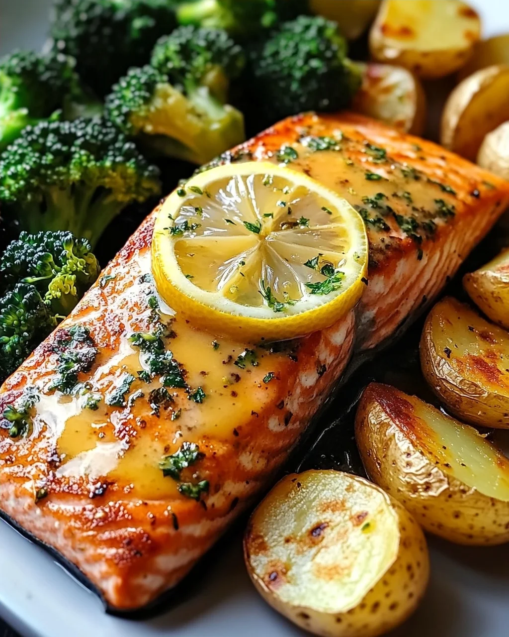 Zitronenbutterlachs mit knusprigen Kartoffeln und Brokkoli